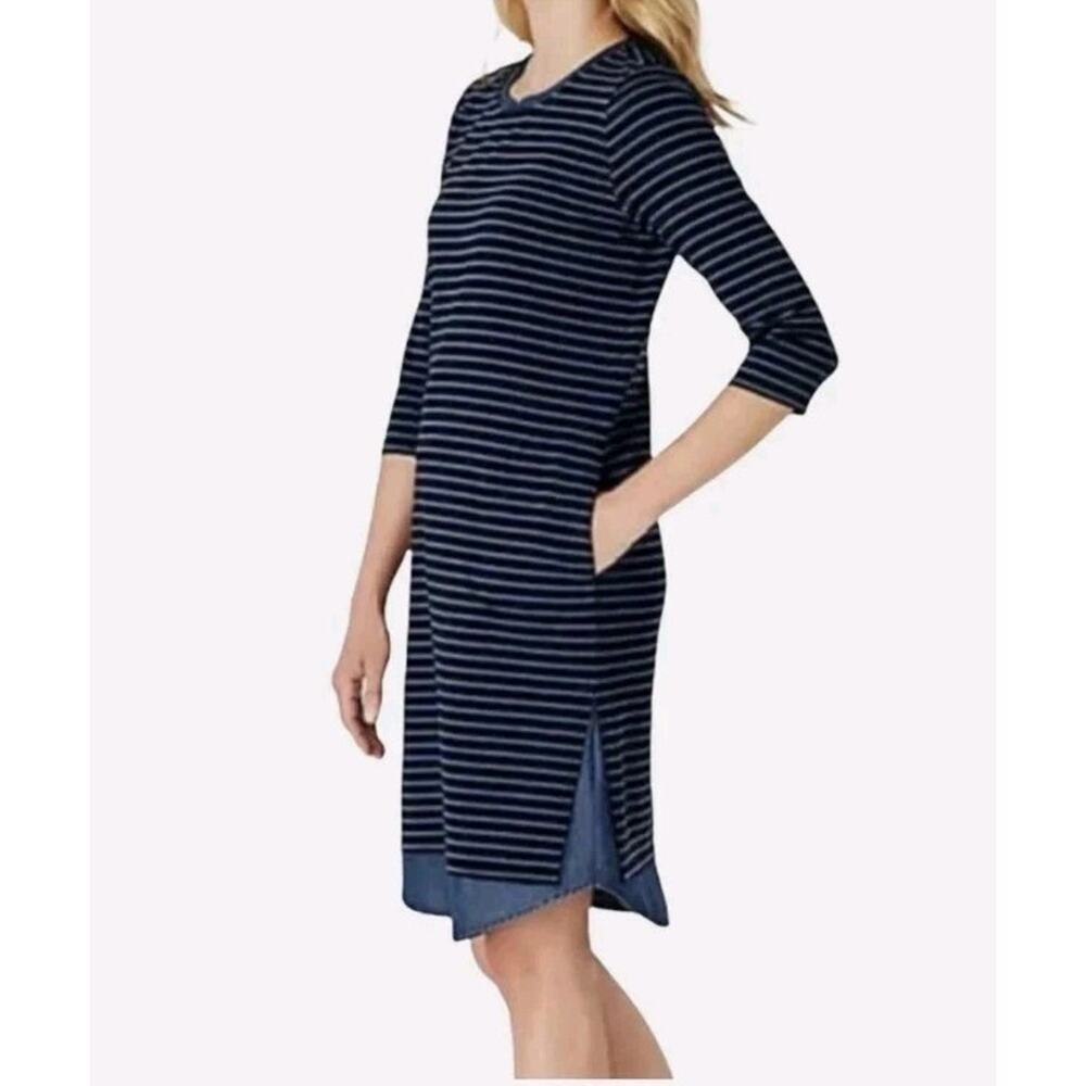 J. Jill Dress Women's Small Breton Blue Stripe Layered Denim Mixed Media Preppy
